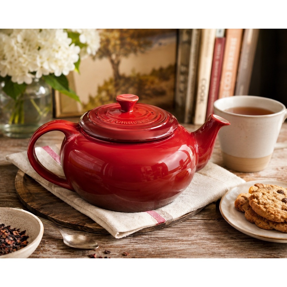 Le Creuset Cerise Red Stoneware Short Round Teapot 22 oz Unused No Infuser